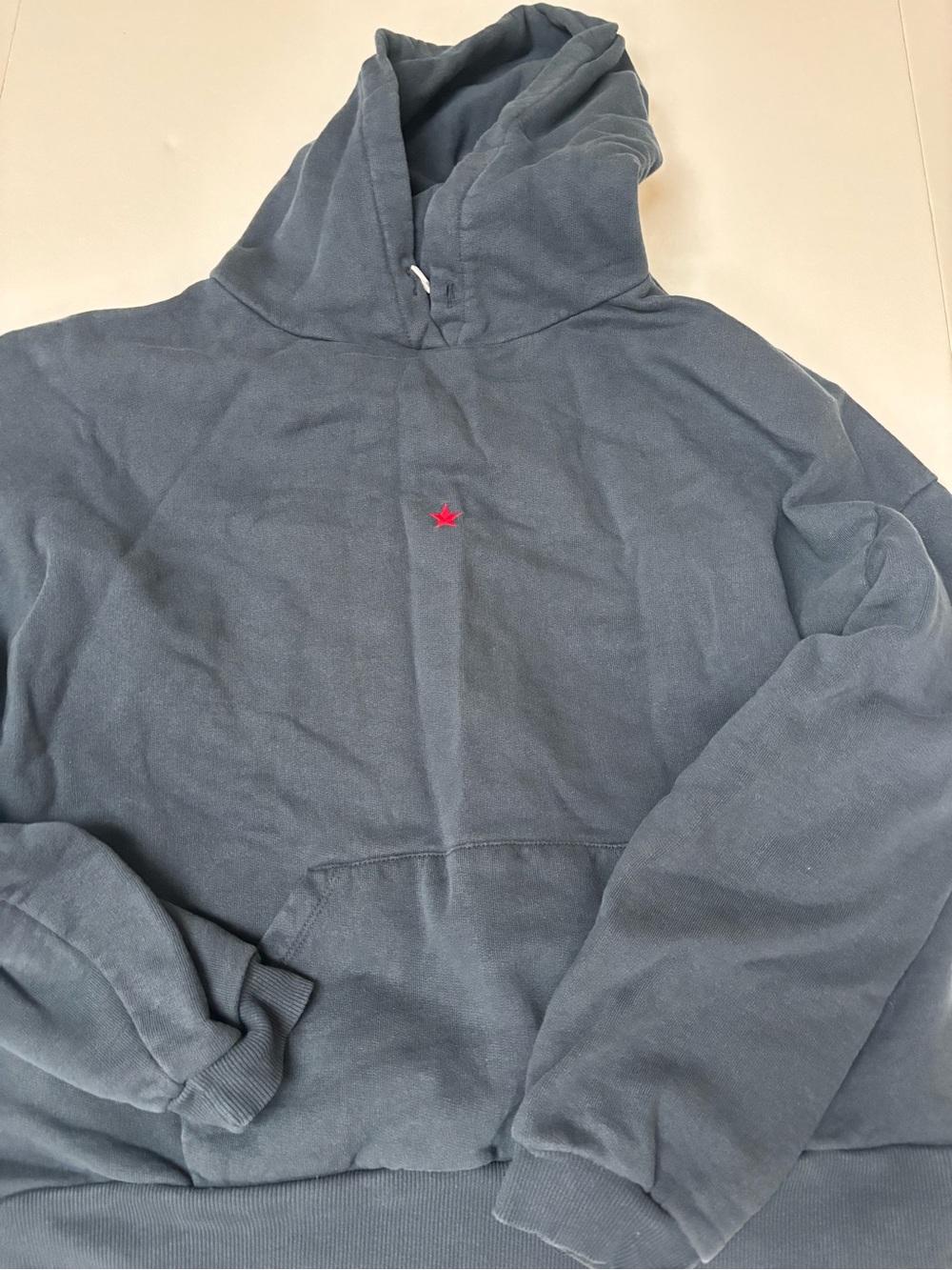 Subdued Women’s Classic Pullover Hoodie in Slate Blue with Red Star Accent